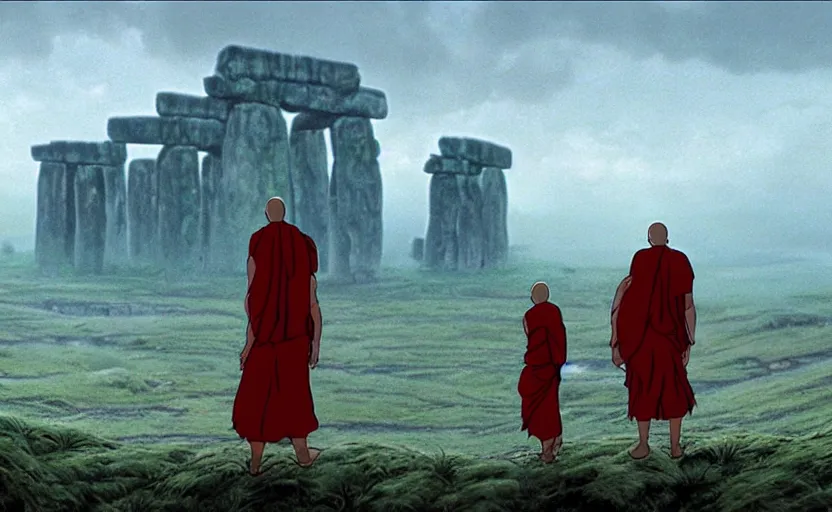 Image similar to movie still from princess mononoke ( 1 9 9 7 ) showing a highly detailed landscape with two monks praying with stonehenge in the background 1 9 8 0 s science fiction, 1 9 7 0 s science fiction, cyberpunk, moody, misty, depth perception, 4 k, artstation