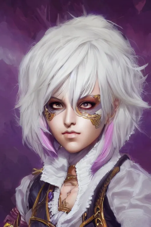 Prompt: A realistic anime portrait of a short white haired female rogue wearing an intricate pirate outfit, middle eastern, purple eyes, digital painting, by Stanley Artgerm Lau, Sakimichan, WLOP and Rossdraws, digtial painting, trending on ArtStation, SFW version