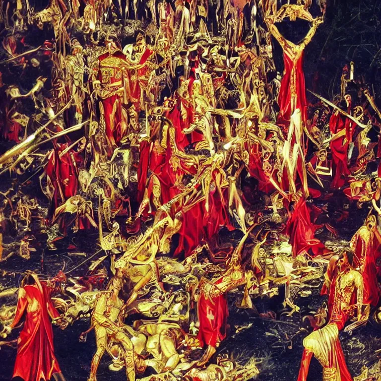 Image similar to pov of man being sacrifice by members of esoteric cult, ektachrome hyper realistic and detailed, wear heavy red ornemental costumes and elongate gold masks and jewels