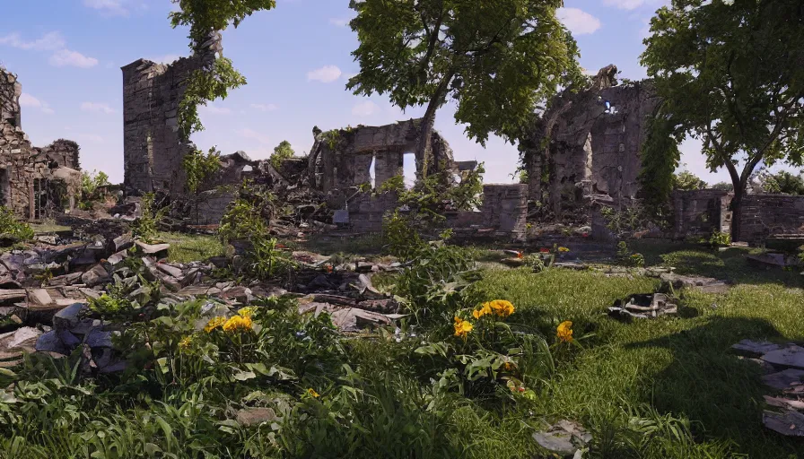 Image similar to craft garden built in destroyed washington dc's ruins, sunny day, hyperdetailed, artstation, cgsociety, 8 k