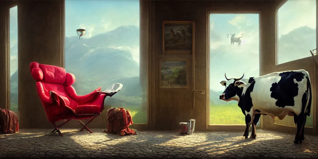 Image similar to a cow in a luxury chair reading the newspaper, vivid colors digital art, landscape, fantasy art, octane render, ureal engine, high detail, very realistic, by greg rutkowski. by james gurney