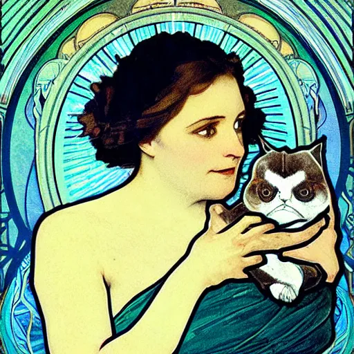 Image similar to “ george costanza from seinfeld holding grumpy cat, art nouveau, by alphonse mucha ”