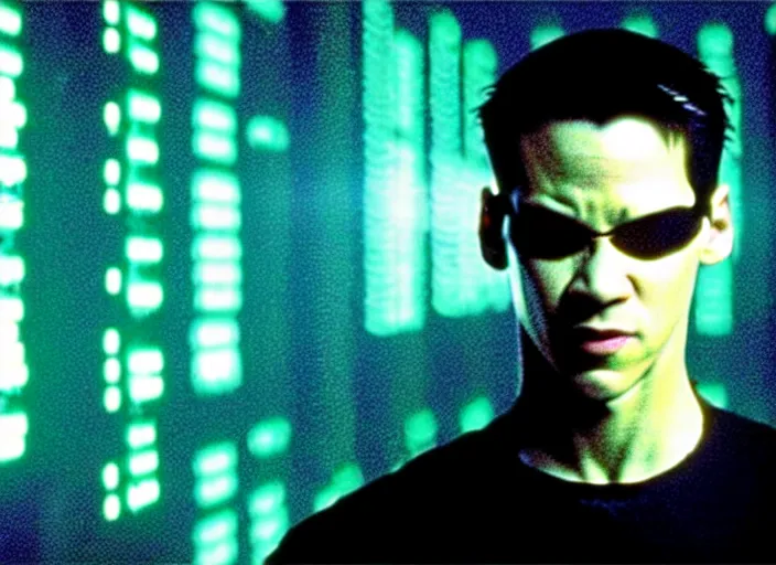 Image similar to Movie still of Neo in The Matrix movie doing a thumb up to the camera in front on burning servers.