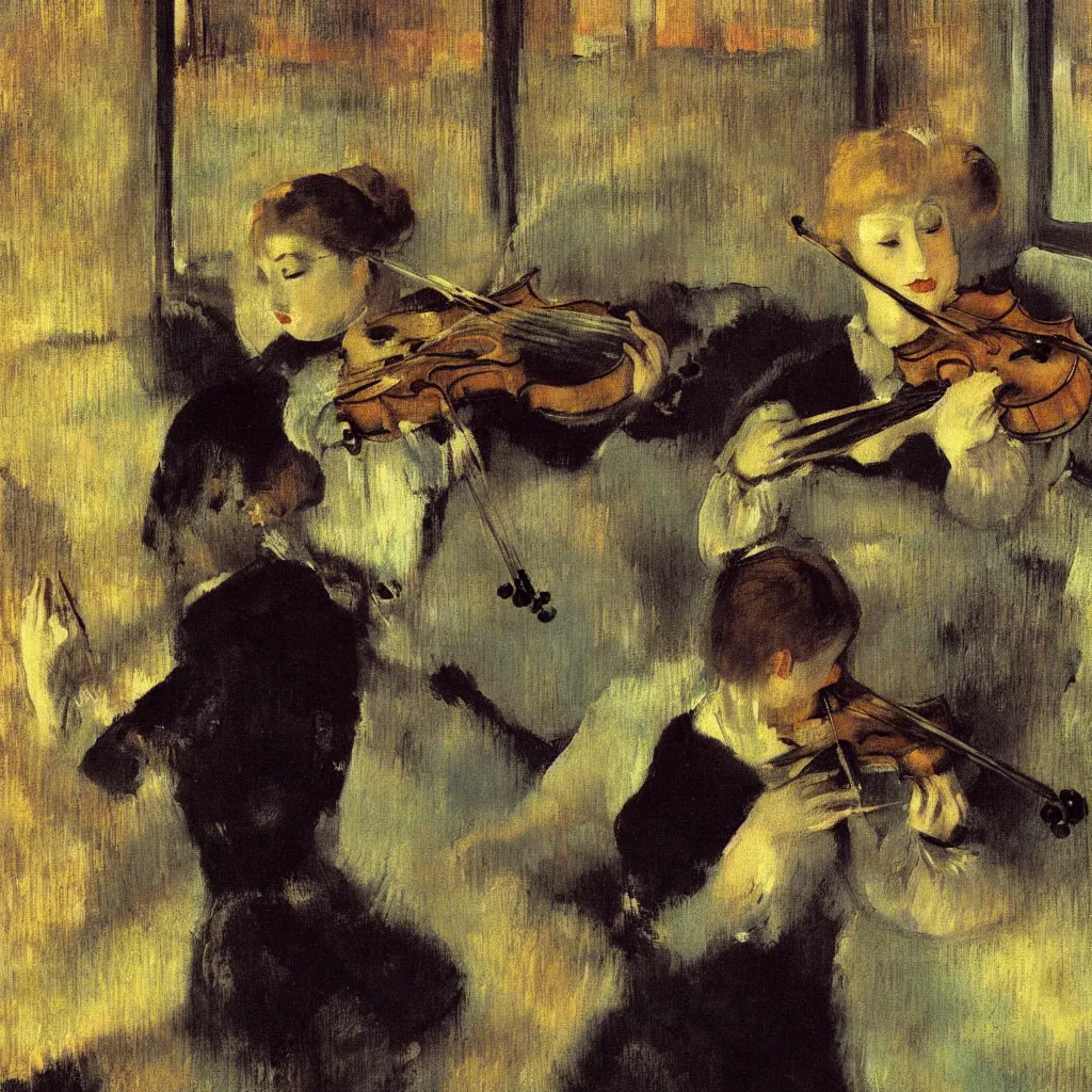 Image similar to impressionistic painting of a woman playing a violin in a dark bedroom as city lights stream through the window, painting style by salvador dali and degas and manet