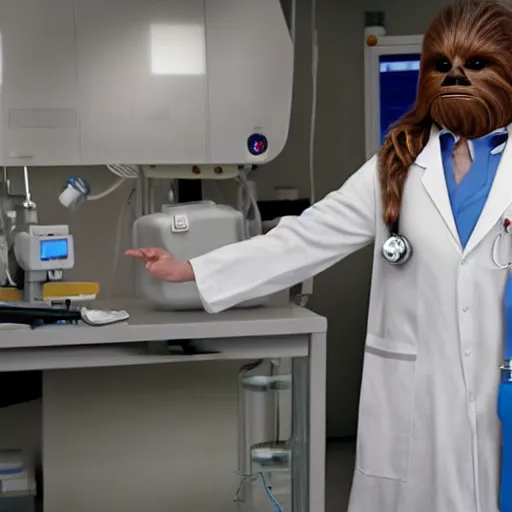 Image similar to chewbacca in the role of nurse from doctor haus movie, medical dress, white lab coat, detailed, demical outfit, in the lab, film still