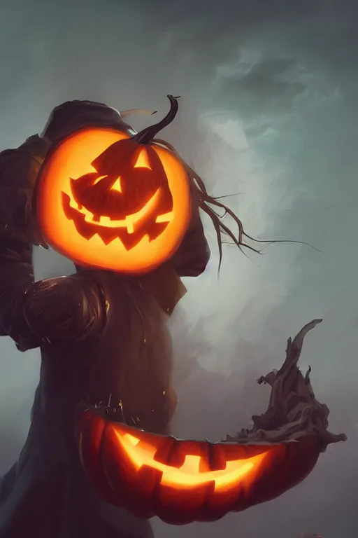 Prompt: portrait of headless horseman holding a pumpkin, halloween night, charlie bowater, artgerm, ilya kuvshinov, krenz cushart, ruan jia, realism, ultra detailed, 8 k resolution
