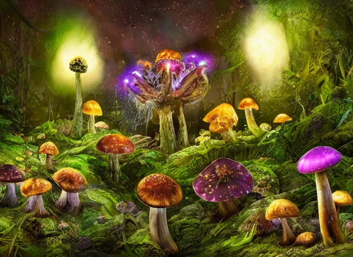 Image similar to glowing delicate flower and mushrooms that grow in a dark fatansy forest on the planet Pandora,