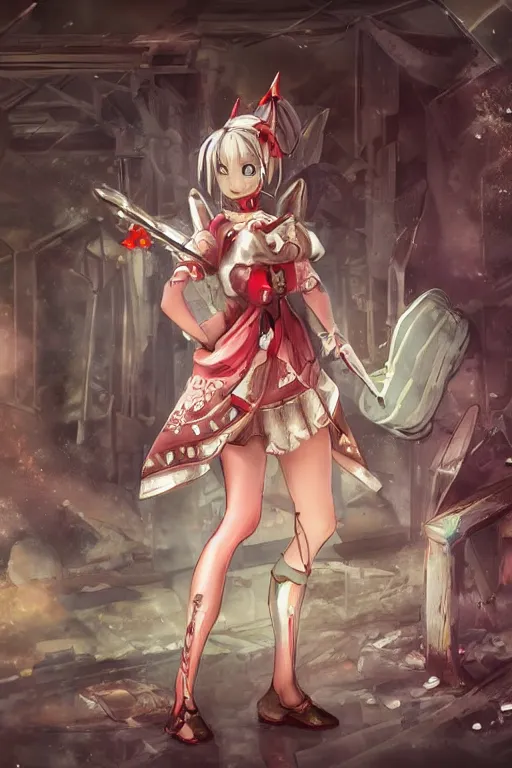 Image similar to hungarian slavic mughal anime cyber magical girl full - body scifi character in abandoned workshop ruins environment