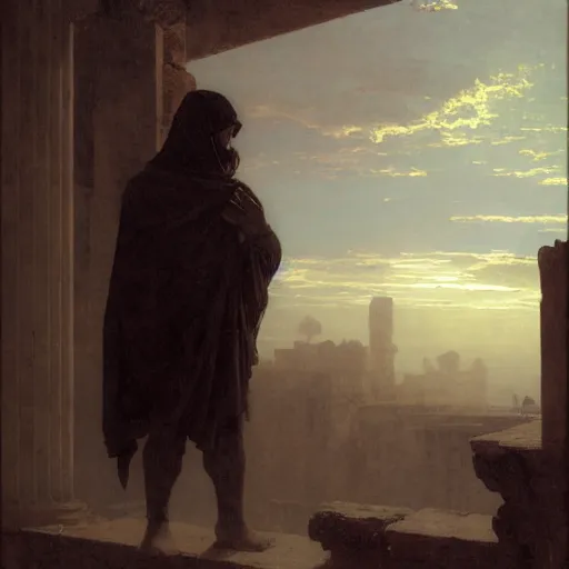 Image similar to half portait of magican wearing a closed cowl and carrying big old book! jeremy mann, jean leon gerome, tiepolo, alphonse mucha, greg rutkowski, face in the shadows, ( ( ruins of ancient rome ) ), at dusk, mysterious atmosphere, sunrays, dof, masterpiece, high detailed, 8 k