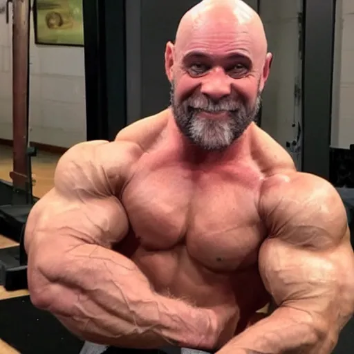 Prompt: bald ape showing off his muscles to his partner