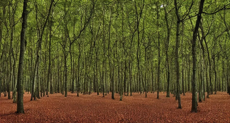 Prompt: deep inside an orderly forest, under the canopy of evenly spaced trees