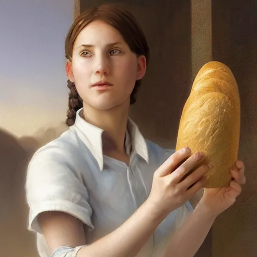 Image similar to epic portrait An waitress enjoying loaf of bread, white uniform, short sleeved, brown long haired, blurry viking village backround, digital painting, artstation, concept art, soft light, hdri, smooth, sharp focus, illustration, fantasy, intricate, elegant, highly detailed, D&D, matte painting, in the style of Greg Rutkowski and Alphonse Mucha and artemisia, 8k, highly detailed, jurgens, rutkowski, bouguereau, pastoral, rustic, georgic