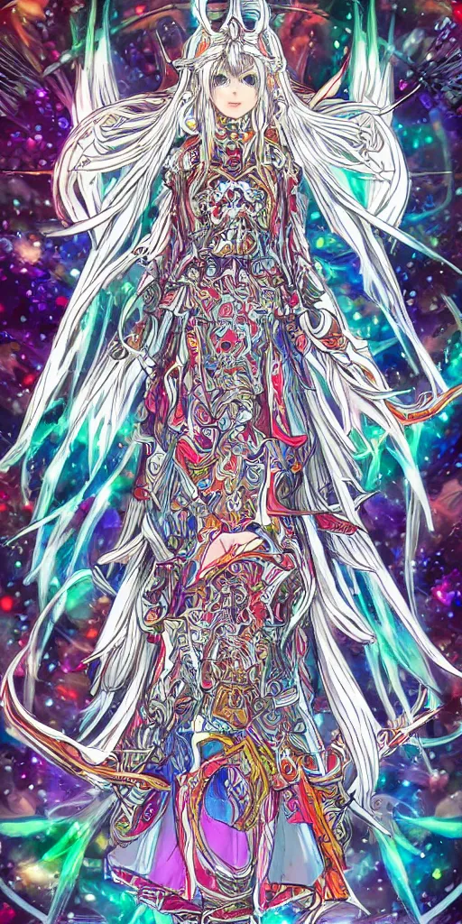 Image similar to a white mage from final fantasy 14, intricate, amazing line work, cosmic, psychedelic, cheerful, colorful