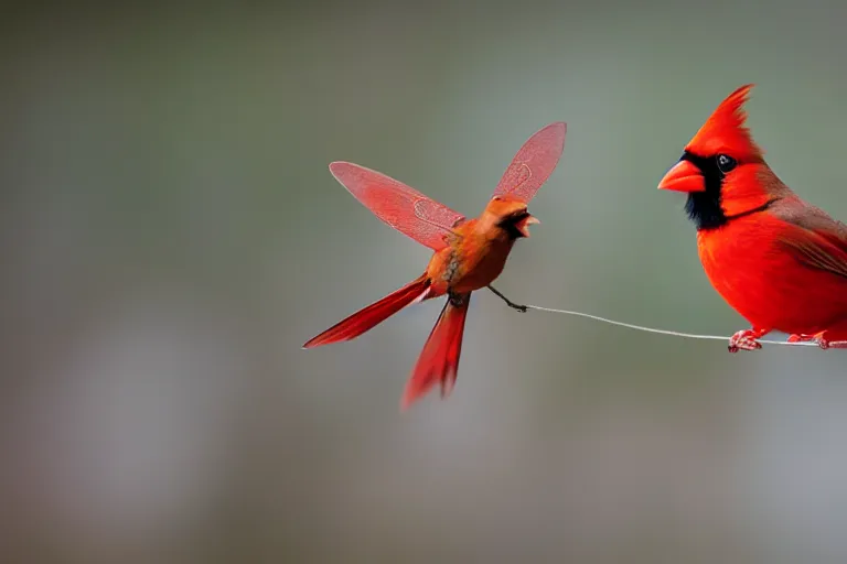 Image similar to a male Cardinal sits next to a beautiful moth with a river in the background, bokeh