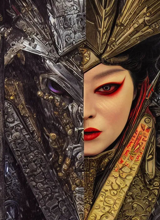 Prompt: symmetry! middle closeup chamber portrait of a biblical diabolical pirate geisha, stylish leather armor, pirate ship, heavy eyes to the side, closeup, bright glowing eyes, in clouds, rain, sunset, by gerald brom, by mikhail vrubel, by peter elson, muted colors, extreme detail, mirrors, trending on artstation, 8 k