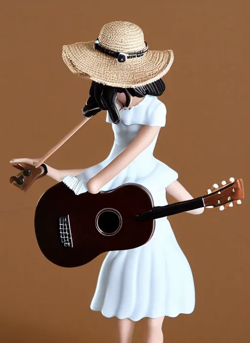 Prompt: Fine Image on the store website, eBay, Full body, 80mm resin figure of a cute girl in straw hat and white dress playing guitar, environmental light from the front