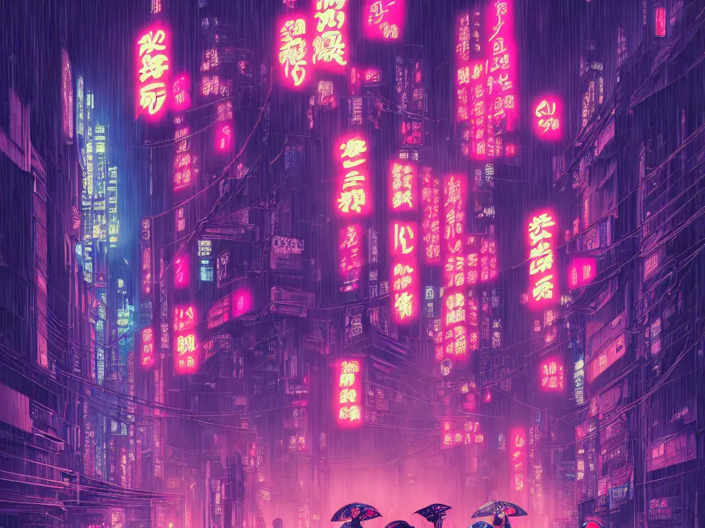 Image similar to high detailed lone geisha in a cyberpunk rainy city at night by Josan Gonzalez, pink and blue neons, unreal engine, high quality, 4K, UHD, trending on ArtStation, wires, blade runner vibes, ghost in the shell, akira, dorohedoro