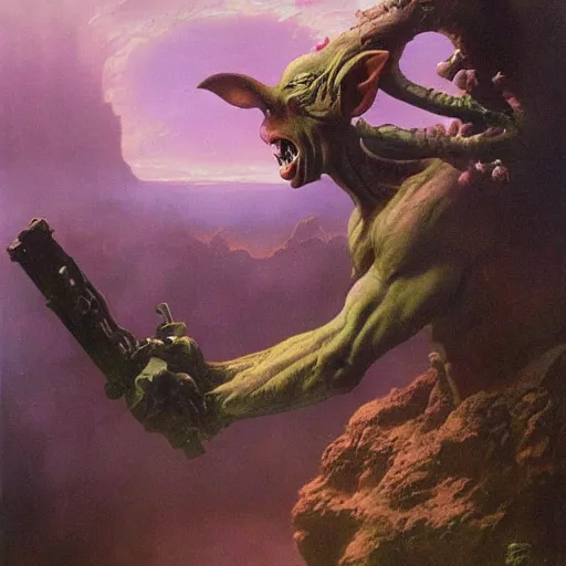 Image similar to beautiful realistic fantasy painting of a goblin with metal hurlant, by Frazetta and Beksinski, volumetric lighting, trending on art station, polarizer filter