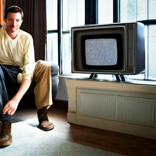 Prompt: a man with a retro tv set instead of a face