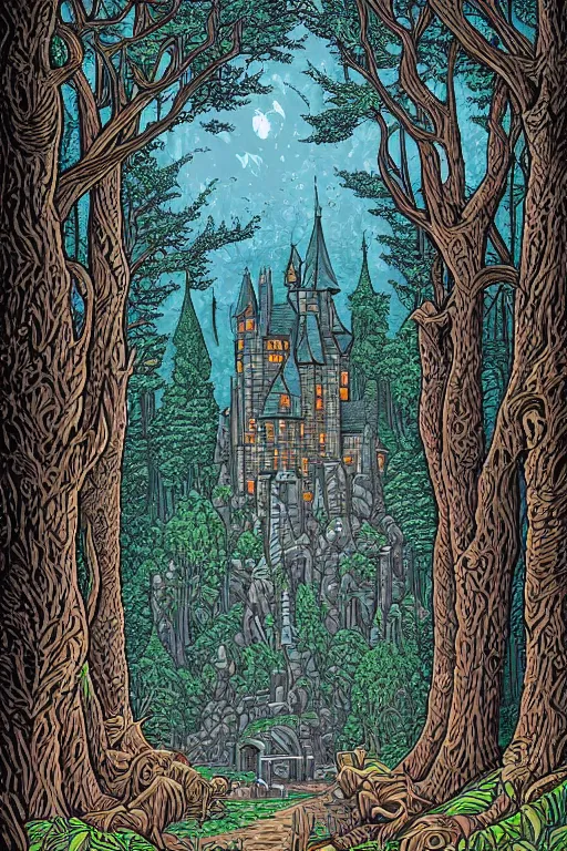 Image similar to A castle in the forest by Dan Mumford
