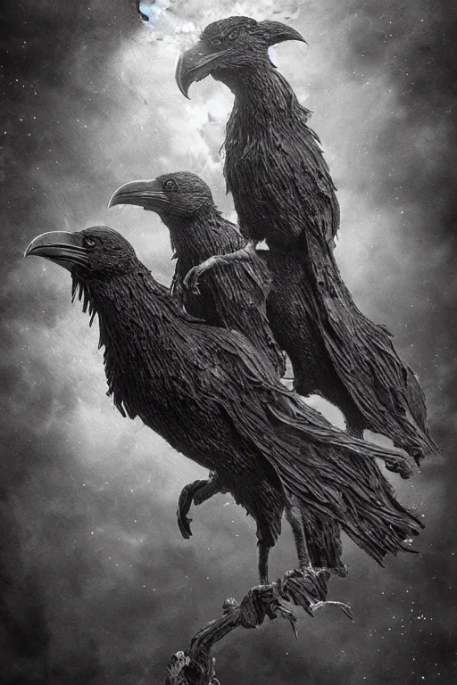 Image similar to Intricate stunning highly detailed surreal ravens by agostino arrivabene and Seb McKinnon, sculpture, ultra realistic, Horror, full moon, blood moon, thick black swirling particle smoke tornado, fire embers, trending on artstation