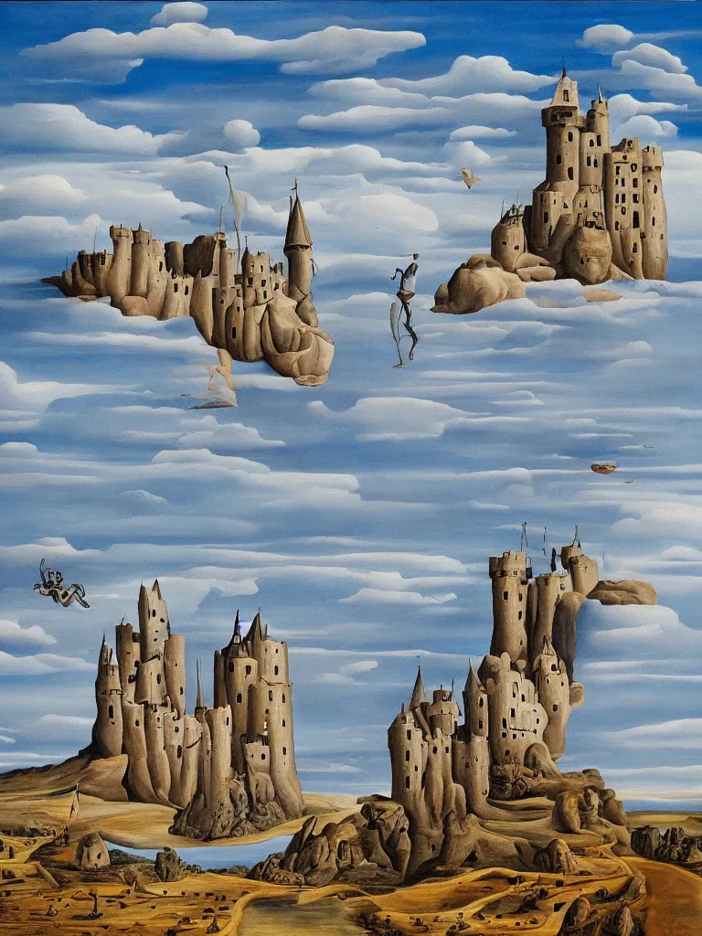 Image similar to a painting of a medieval castle alone on a flat empty plane painted in the style of Salvador Dali, surrealism