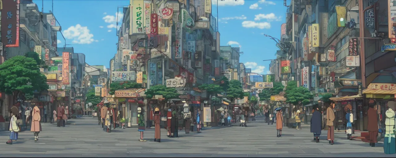 Image similar to A screenshot of the seoul city street in the scene in the Ghibli anime film, pretty rim highlights and specular