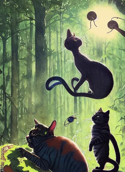 Image similar to a hyper realistic cat meeting an alien. and sunbeams blue sky, lush forest foliage painting by chiara bautista and norman rockwell and greg rutkowski weta studio, and lucasfilm