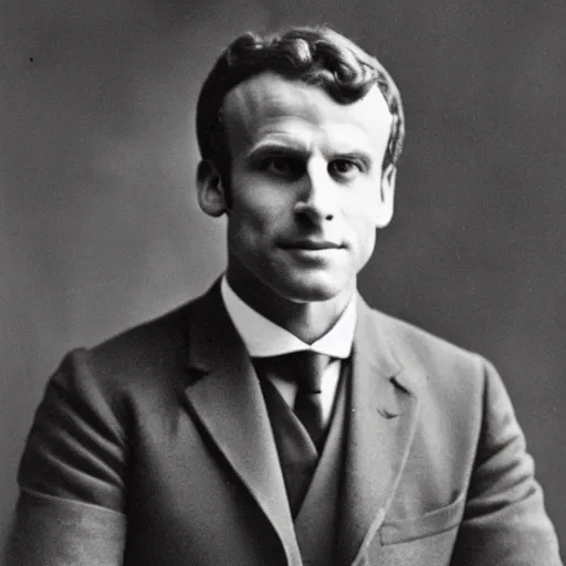 Image similar to photograph of emmanuel macron by edwardian, male, 1 9 0 0 s, 1 9 1 0 s, grainy, slightly blurry, faded, realistic face