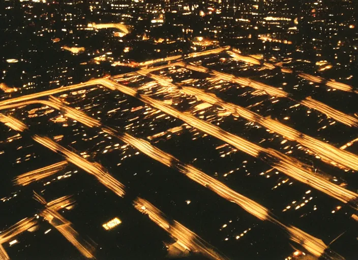 Image similar to a sprawling building complex seen from a dark parking lot in los angeles at night. 1 9 9 0 photo by james cameron