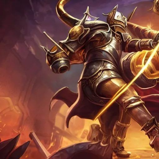Image similar to new league of legends champion: a knight in full gilded medieval armor wielding a long bull whip