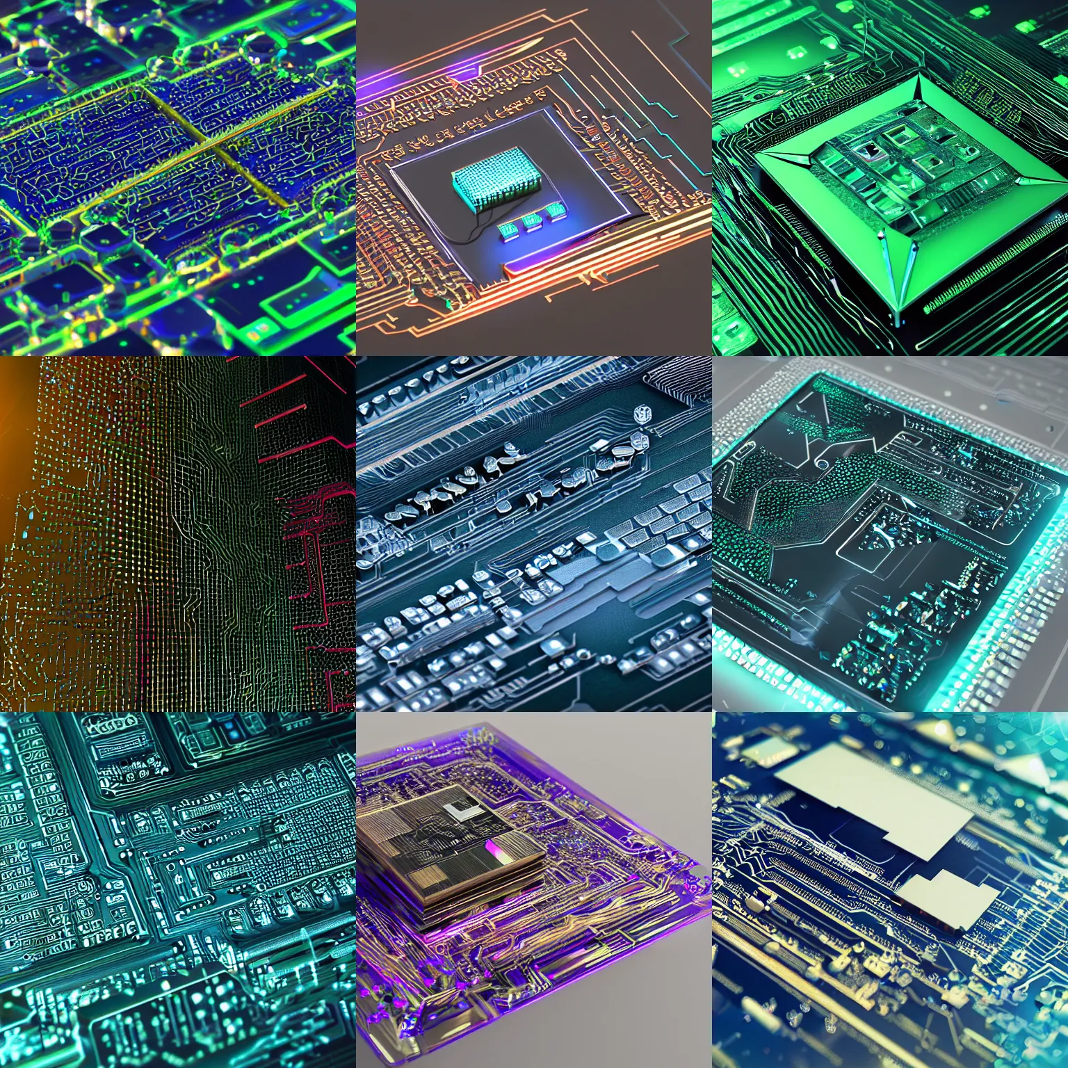 Prompt: circuit board processor, 3 d ray traced octane render, beautiful colors, futuristic, crystal nodes, high angle shot with sharp realistic detail