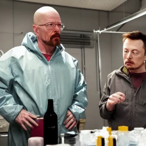 Prompt: a still from breaking bad of elon musk and walter white in a meth laboratory, 8k, close-up