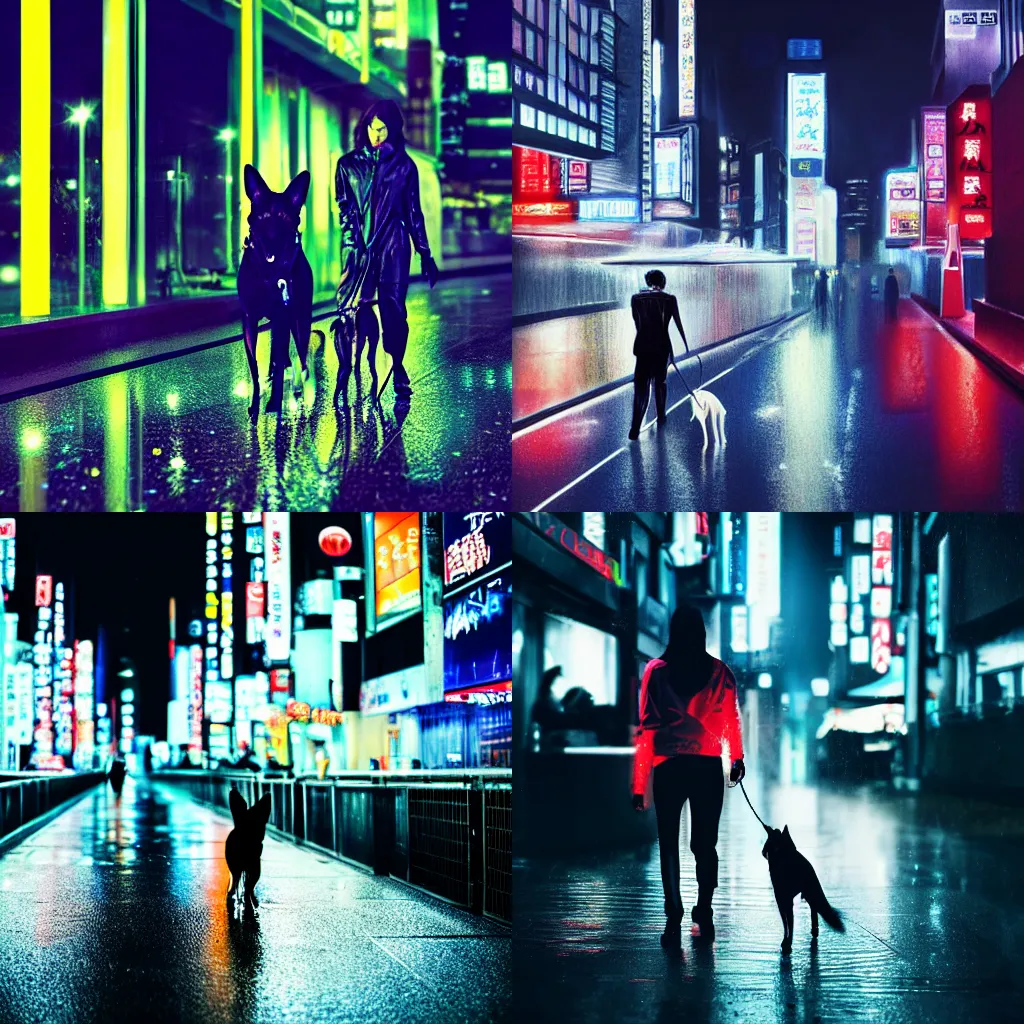 Prompt: sleek metallic cyborg, walking a german shepard, futuristic tokyo cityscape, rain, neon signs, nighttime, no blur, high detail, cinematic