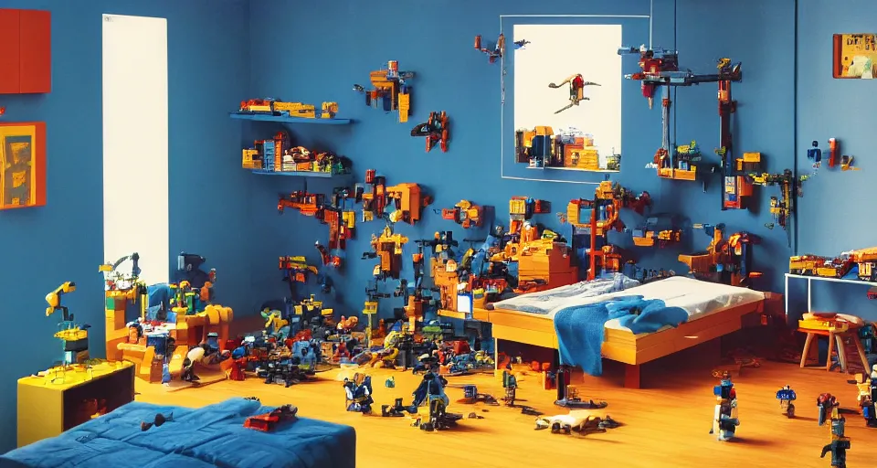 Image similar to IKEA catalogue photo, cyberpunk childrens bedroom, lego, mess by Beksiński