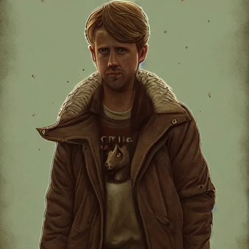 Image similar to Ryan Gosling holding a cute caracal, in style of stranger things poster, by Aron Wiesenfeld and beksincki, cinematic, detailed illustration, nature, fog, dark colors, suspense, intricate, 8k