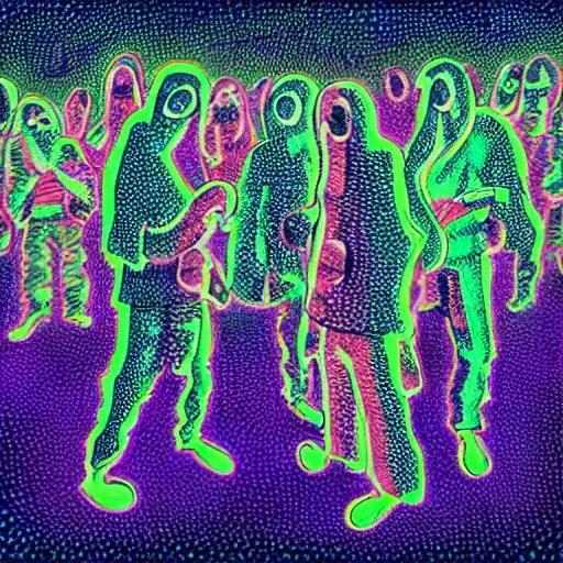 Prompt: ghosts having a fun night on the town, psychedelic colors, in a pointilliste style