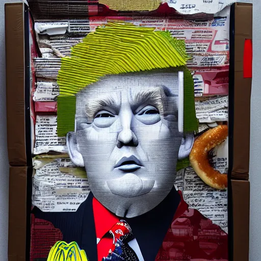 Prompt: a portrait of a donald trump constructed from mcdonalds packaging, collage, trash, layered composition, layers, texture, mcu,, highly textured, layered, sculpted, dynamic,