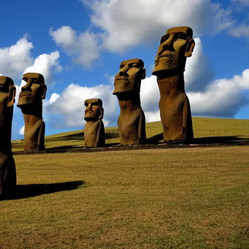 Prompt: easter island but the statues all look like rodney dangerfield, outdoor photography, landscape, detailed,