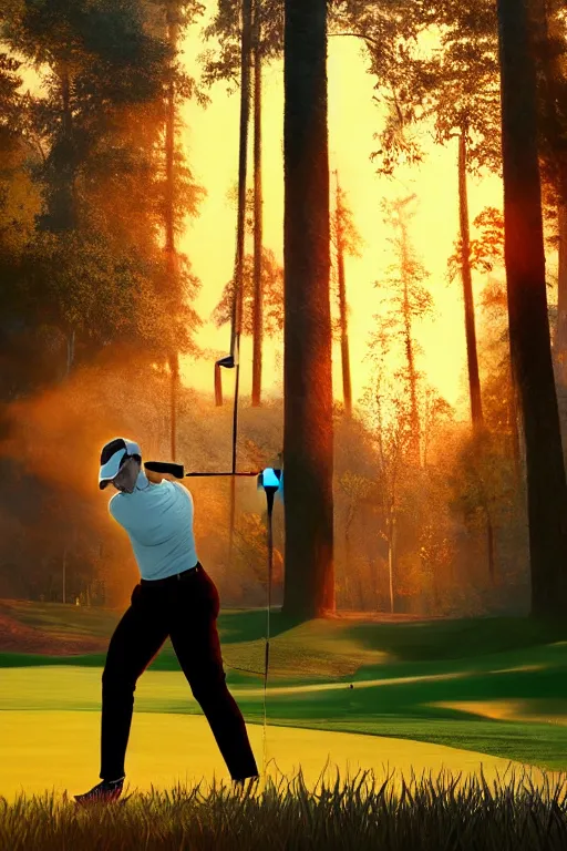 Prompt: close-up of an athletic golf player on a stunning landscape lush golf course, magical light, golden hour, in the background a burning forest, digital painting, 4k, forest ray light, particles light, by sasha kalinkin, Noah Bradley, ilya kuvshinov