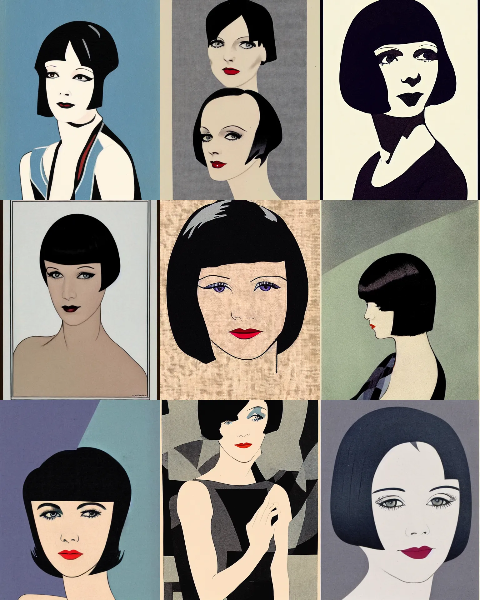 Prompt: Mary Louise Brooks 25 years old, bob haircut, portrait by Patrick Nagel, 1920s,