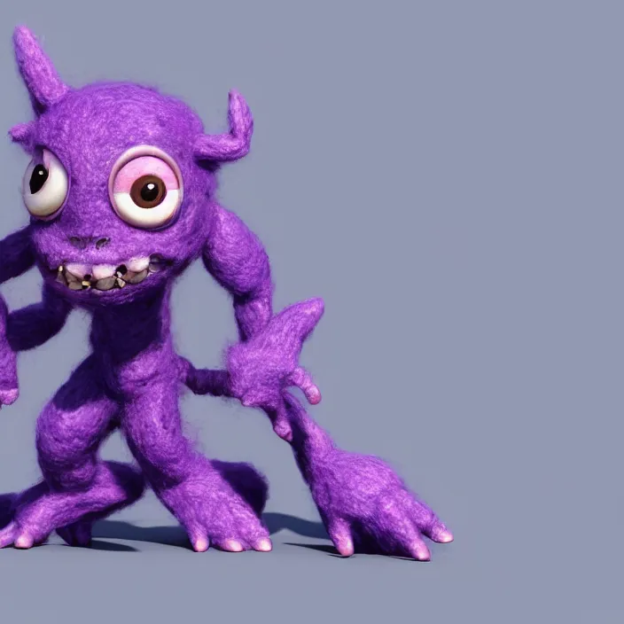 Image similar to a 3D render of a cute purple monster made out of wool, digital art, highly detailed, warm lighting, unreal engine 5, octane render, artgern, trending on artstation, Pixar, by John Coltrane and Marc Simonetti, Manic, inspired by Greg rutkowski