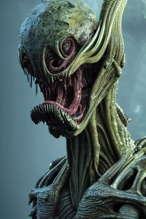 Image similar to skin concept, alien, biopunk, plant predator, predator, teeth, many details, crystals, guyver style, 3 d, cinematic, hyper realism, high detail, octane render, art by hans giger