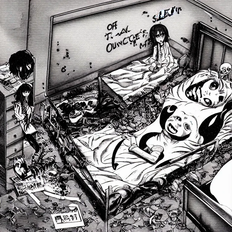 Image similar to cursed illustration of beautifully ominous creepy sleep paralysis demon sliding inside 1 9 8 0's teeanger cluttered bedroom. manga style of junji ito, kentaro mirua, weirdcore, octane render