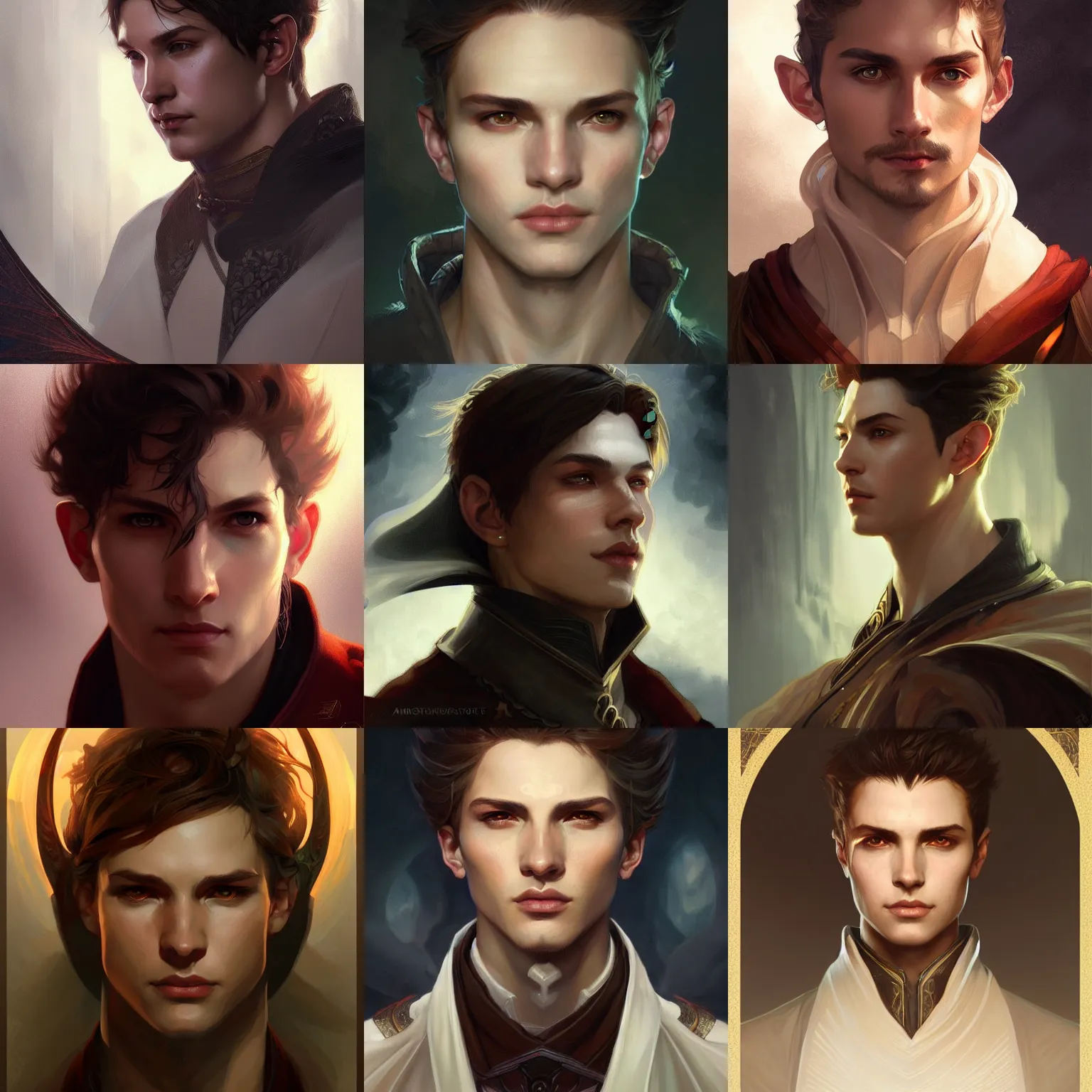 Prompt: semi-realistic portrait of a young handsome mage, dragon age, male, face, fantasy, intricate, elegant, digital painting, artstation, concept art, smooth, sharp focus, illustration, art by artgerm and greg rutkowski and alphonse mucha