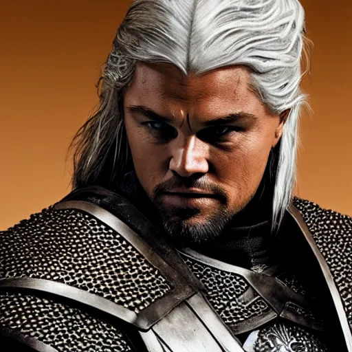 Image similar to Leonardo Dicaprio wearing Geralt of Rivia\'s armor, promo shoot, studio lighting