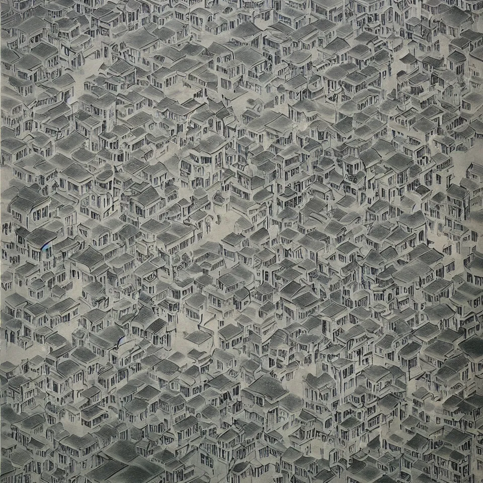 Image similar to a painting of abstract buildings like hongcun ancient village houses by yves tanguy, thick outlines