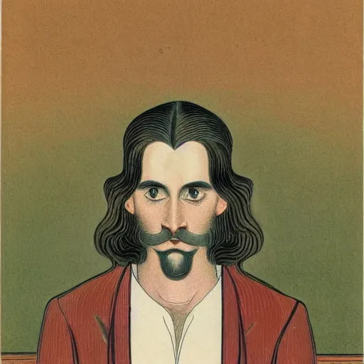 Image similar to young man, long hair!!!!, short facial hair, no mustache, dark green eyes, dark eyebrows, light widows peak light facial hair, in the style of mauritz cornelis escher, in - frame