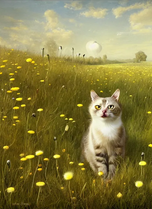 Prompt: the cat in the field from : dandelions, poppy and tulip, chamomile, hyperrealism, no blur, 4 k resolution, ultra detailed, style of ivan shishkin, tyler edlin, tom bagshaw, arthur rackham,