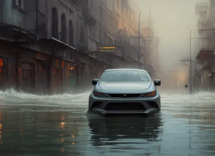 Image similar to a car driving through shallow water, flooded city, muted colors, hyperrealistic, oil painting, intricate, cgsociety, artstation, 8 k, cinematic, soft lighting, by greg rutkowski, by wlop, by artgerm